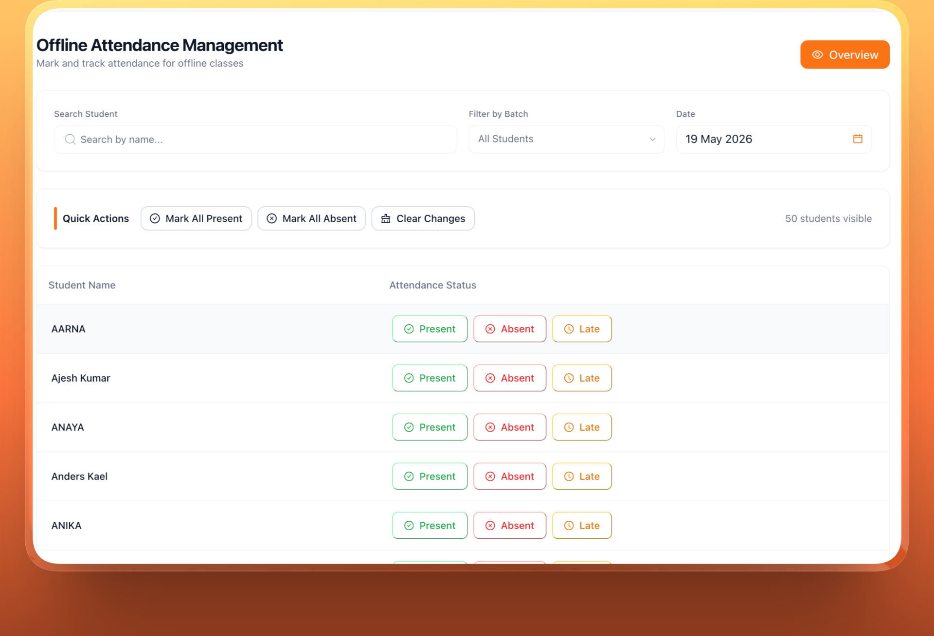 Attendance dashboard with class roster and check-ins