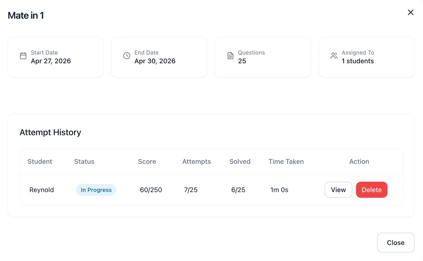 Quiz progress and attempt history