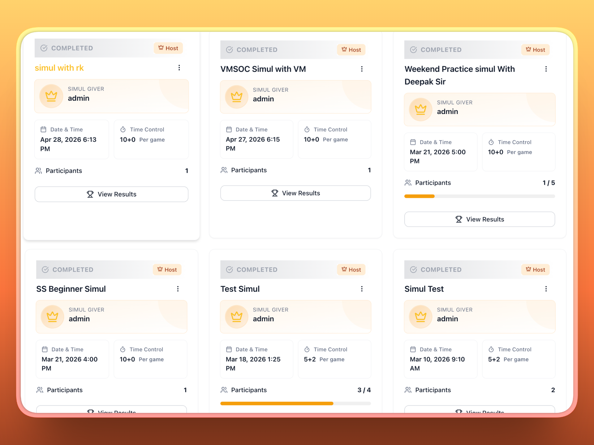 Coach simul dashboard with grid of completed simul sessions
