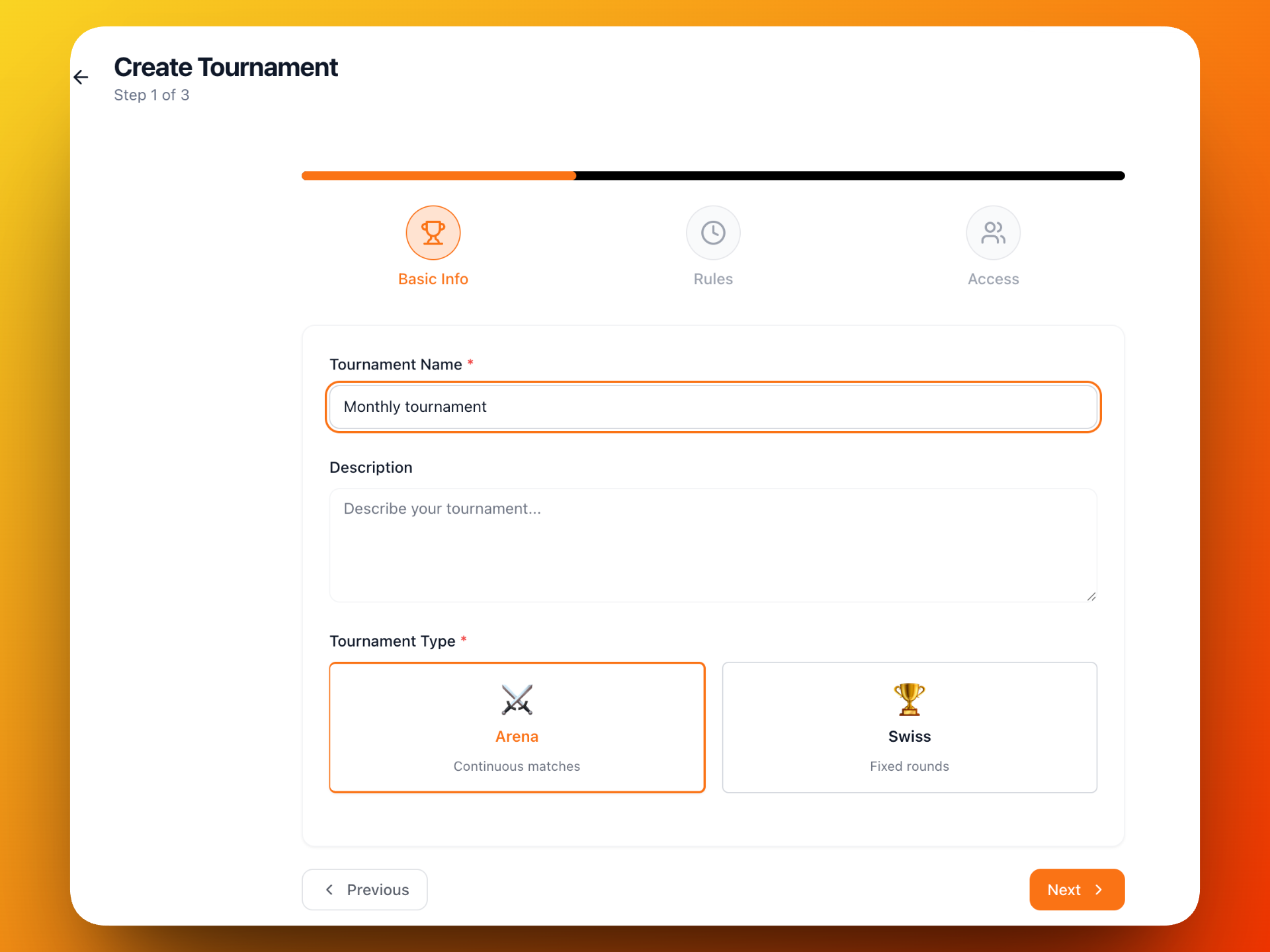 Tournament setup screen with Arena and Swiss format options